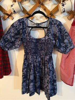 Free People Navy Blue Floral Smocked Mini Dress